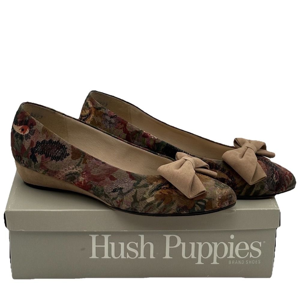 Vintage‎ Hush Puppies Ashle Camel Floral Tapestry Flats Shoes 8.5M USA 90s Bow